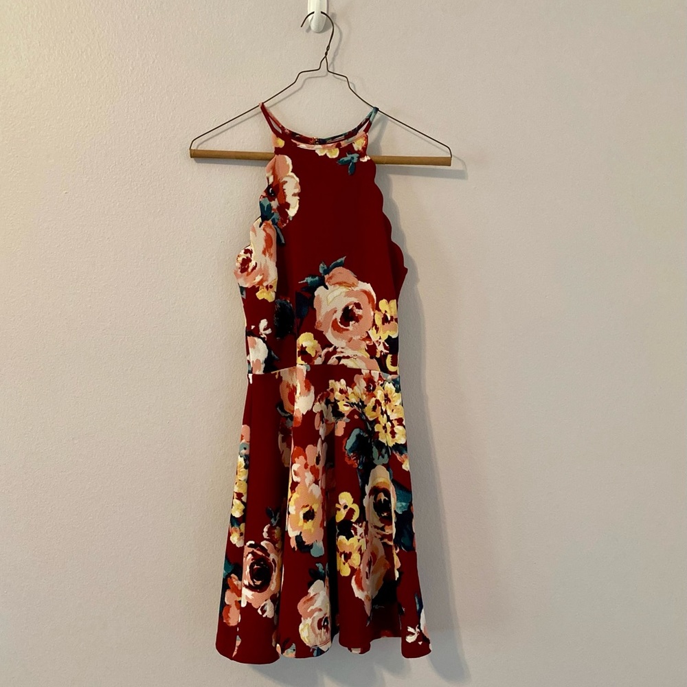 Altar’d State Maroon Scalloped Floral Dress